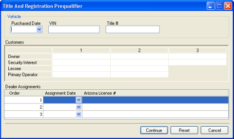 Example: Title and Registration Prequalifier window