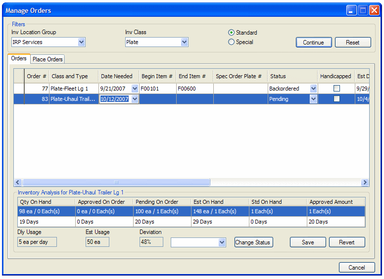 Manage Orders window, Orders tab with a list of orders and their statuses