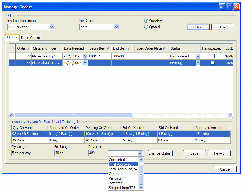 Manage Orders window, Orders tab with the status of the order selected