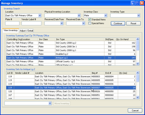 Manage Inventory window, View Inventory tab, with the type of specific inventory you want to move selected