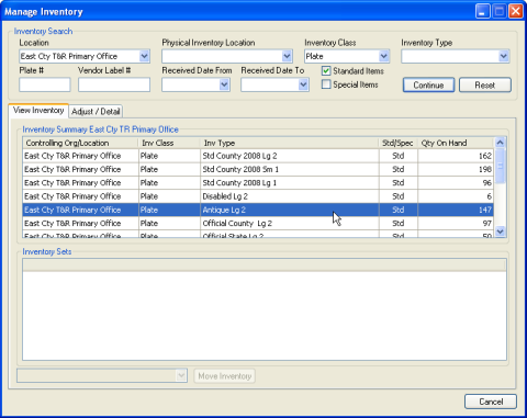 Manage Inventory window, View Inventory tab, with the type of inventory you want to move selected