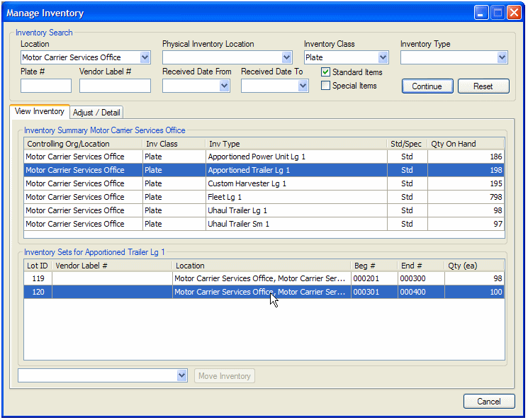 Manage Inventory window, View Inventory tab, with the lot of specific inventory you want to move selected
