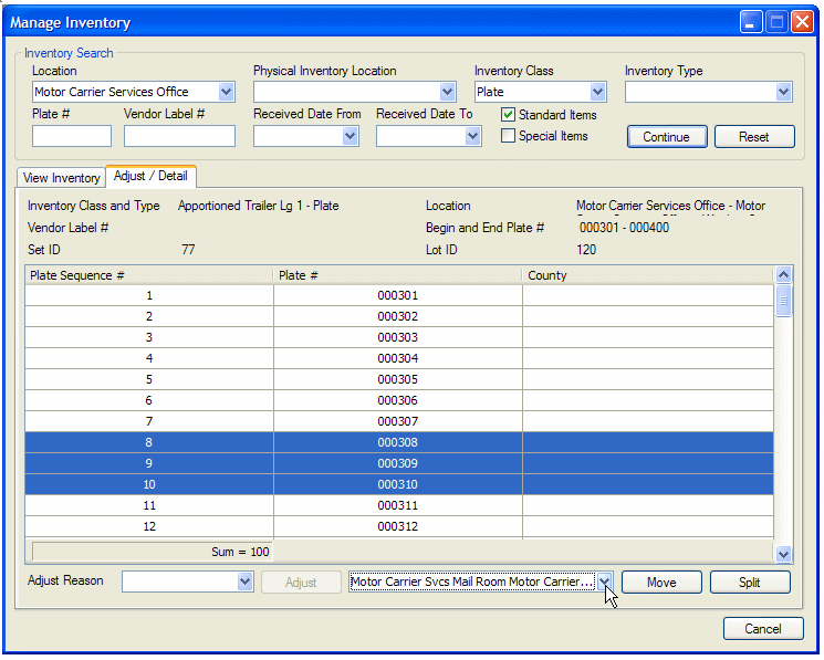 Manage Inventory window, Adjust/Detail tab with the inventory item you want to move selected