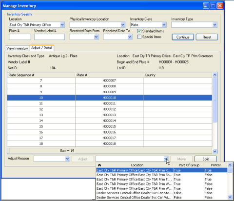 Manage Inventory window, Adjust/Detail tab with the location to which you want to move the inventory item selected