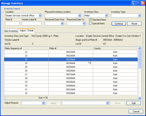 Manage Inventory window, Adjust/Detail tab with the specific inventory you want to adjust selected