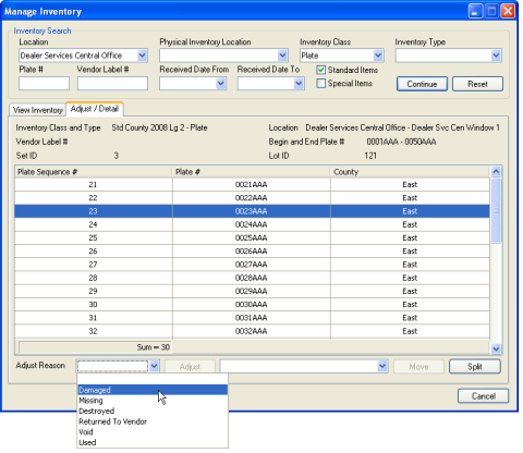 Manage Inventory window, Adjust/Detail tab with the Adjust Reason selected