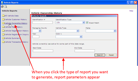 Example of report parameters area on the Vehicle Reports window