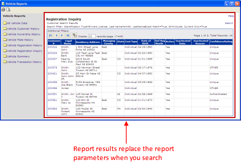 Example of report results on the Vehicle Reports window
