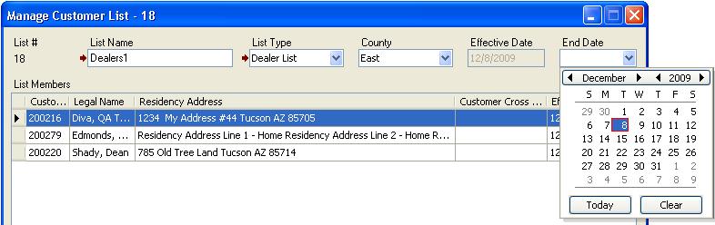 Manage Customer List window with an end date for the list