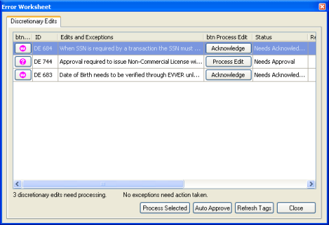 Discretionary edits listed on the Error Worksheet window