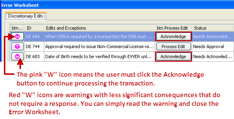 Warning icon on the Error Worksheet window