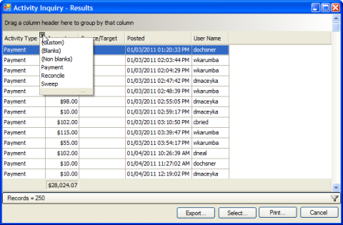 Column filter list